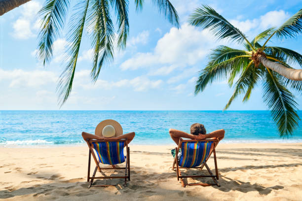 Two people relaxing in beach chairs under palm trees