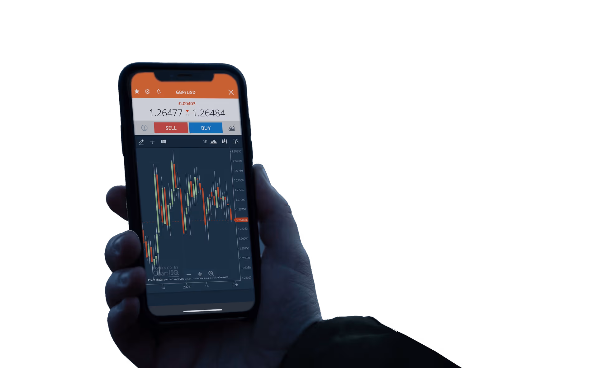 Hand holding a phone displaying the Northbridge Miners trading app